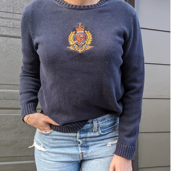 Lauren Ralph Lauren Sweaters - Vintage Y2K Ralph Lauren Navy Blue Embroidered Crest Knit Sweater